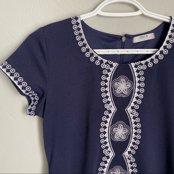 UNICA HIJA Navy Blue Dress Mandala Embroidered Design Short Sleeves - Picture 3 of 11